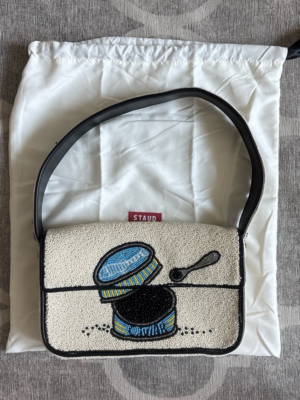 STAUD Cream Beaded Shoulder Bag with Blue and Black Embellishment